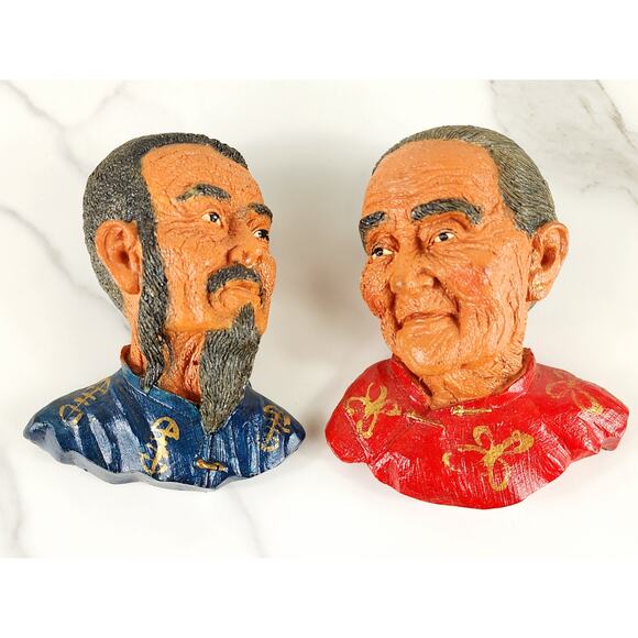 Bust Chinese Asian Oriental Senior Chalkware 5" Wall Decor 80s Wall Hanging x2 - Picture 1 of 14